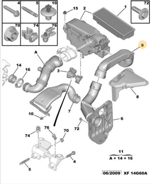 Peugeot & Citroen 207 - 307 - 308 - 407 - 3008 5008 - C3 - C4 - Xsara - Berlingo Hava Filtre Hortumu 1.6 HDİ ( ORJİNAL )