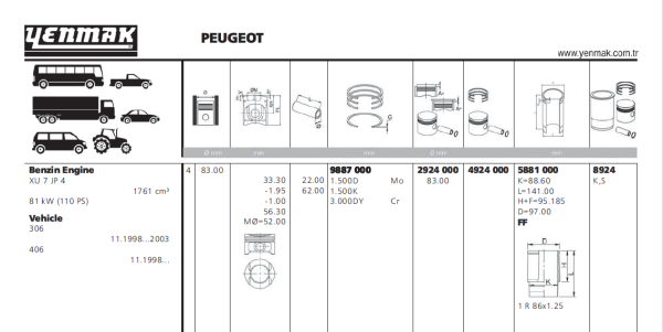 PEUGEOT & CITROEN -- 306 / 406 / XSARA / XANTIA -- 1.8 16V -- 83.00 MM --  PİSTON SEKMAN GÖMLEK TAKIMI