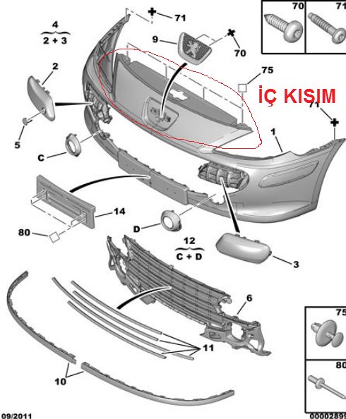 PEUGEOT 307 2006--> MAKYAJLI KASA ÖN TAMPON İÇ IZGARA MASKESİ ( PANEL ÜST DEFLEKTÖRÜ )